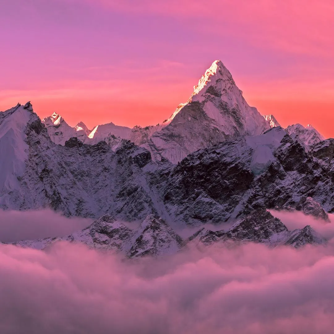 Le cime innevate della catena dell'Himalaya illuminate dalla luce rosa dell'alba, con una coltre di nuvole sottostante, perfette per il trekking in Nepal.