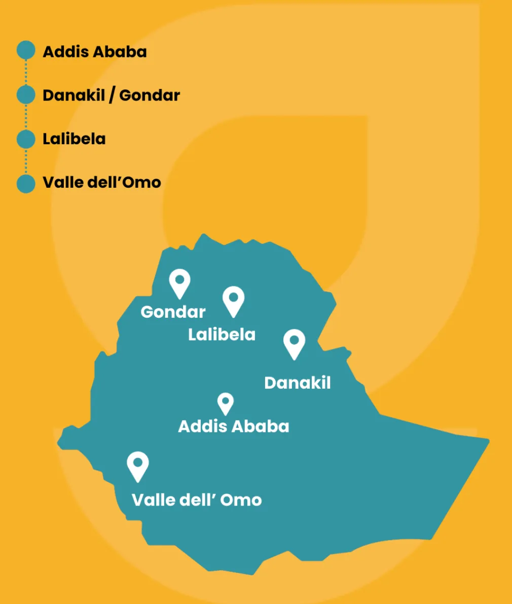 Mappa dell'Etiopia con le tappe principali del tour: Addis Abeba, Lalibela, Dancalia e Valle dell'Omo