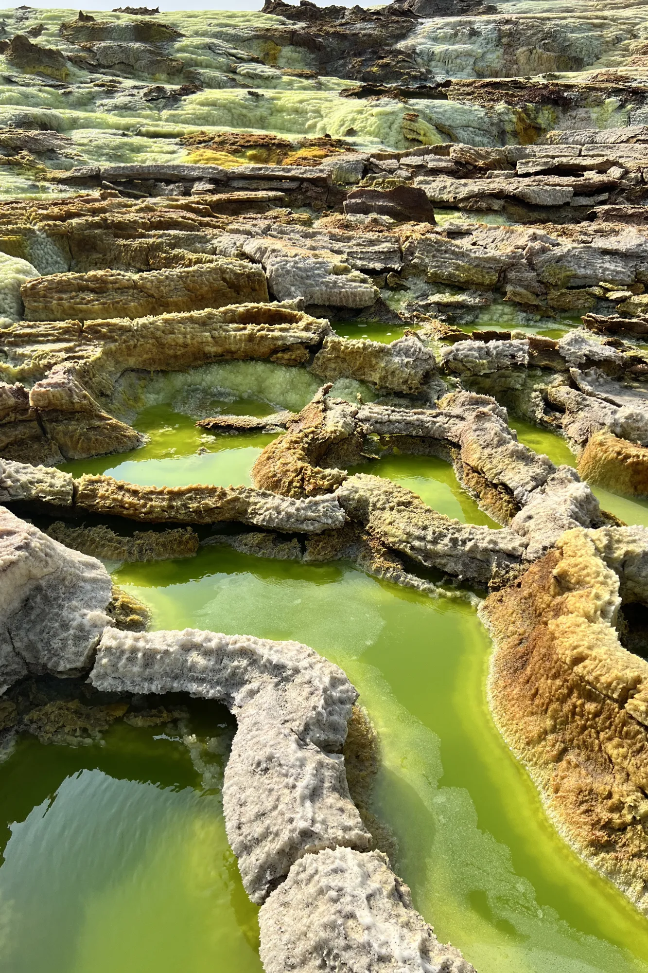 Inquadratura ravvicinata delle terrazze saline e delle pozze acide verdi del vulcano Dallol nel deserto della Dancalia, in Etiopia.