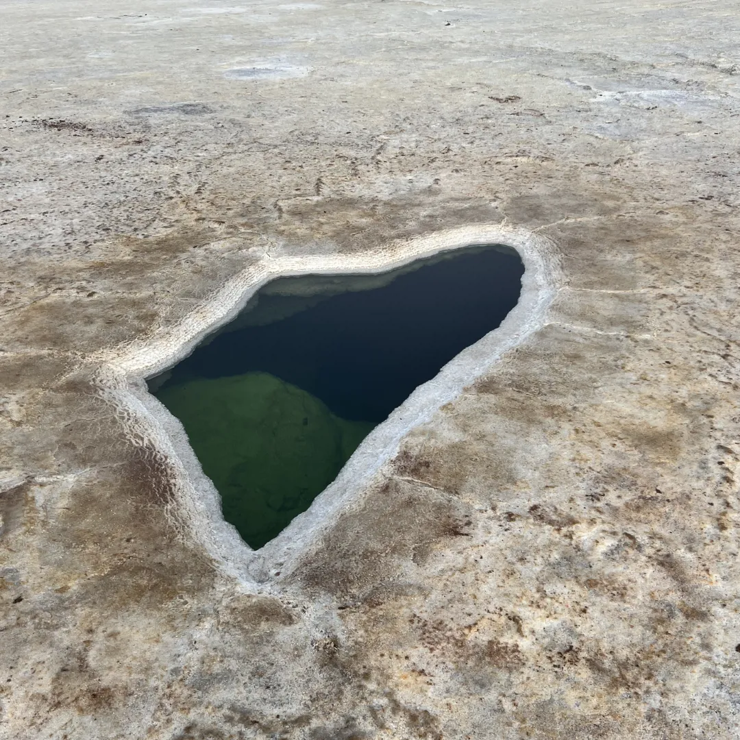 Una pozza d'acqua scura e profonda circondata da croste di sale nel deserto della Dancalia in Etiopia.